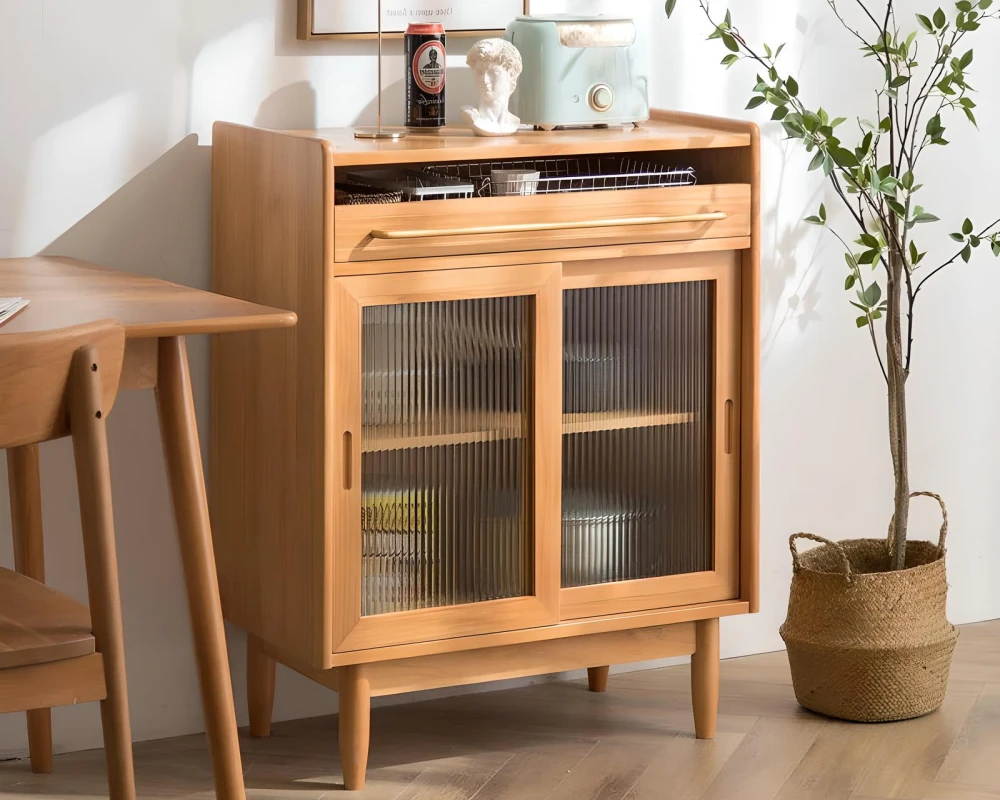 wooden sideboard with glass doors